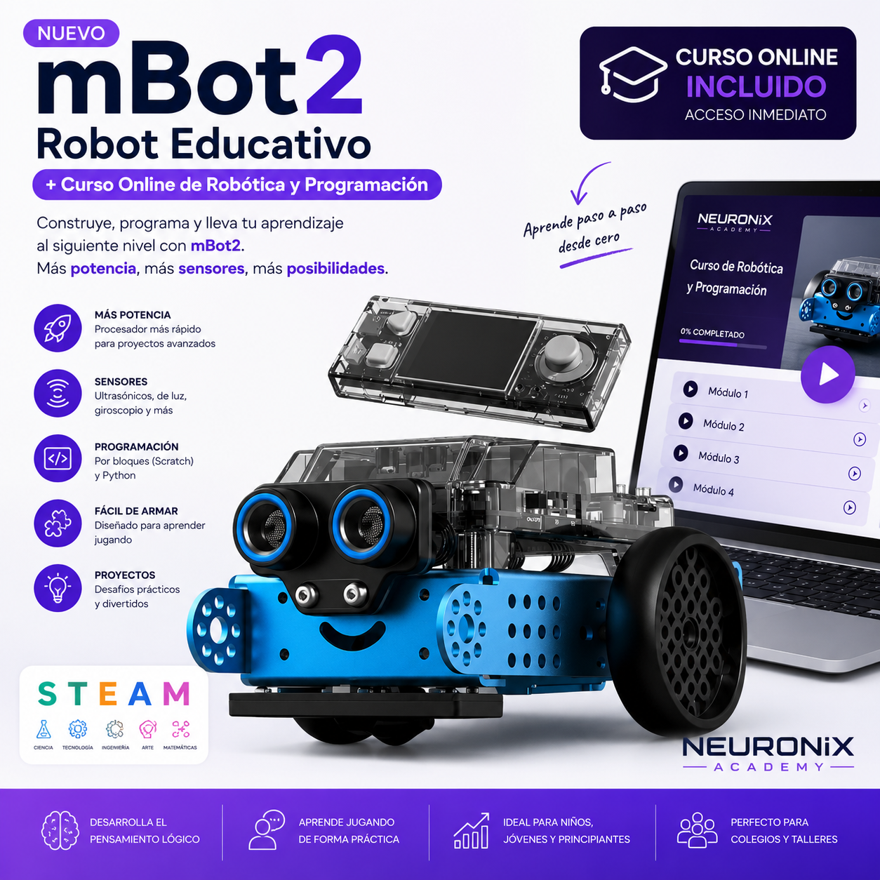 🚀 mBot2 Robot Educativo Inteligente + Curso Online de Robótica, IA y Programación