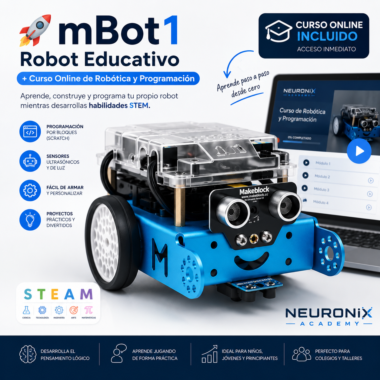 🚀 mBot1 Robot Educativo + Curso Online de Robótica y Programación